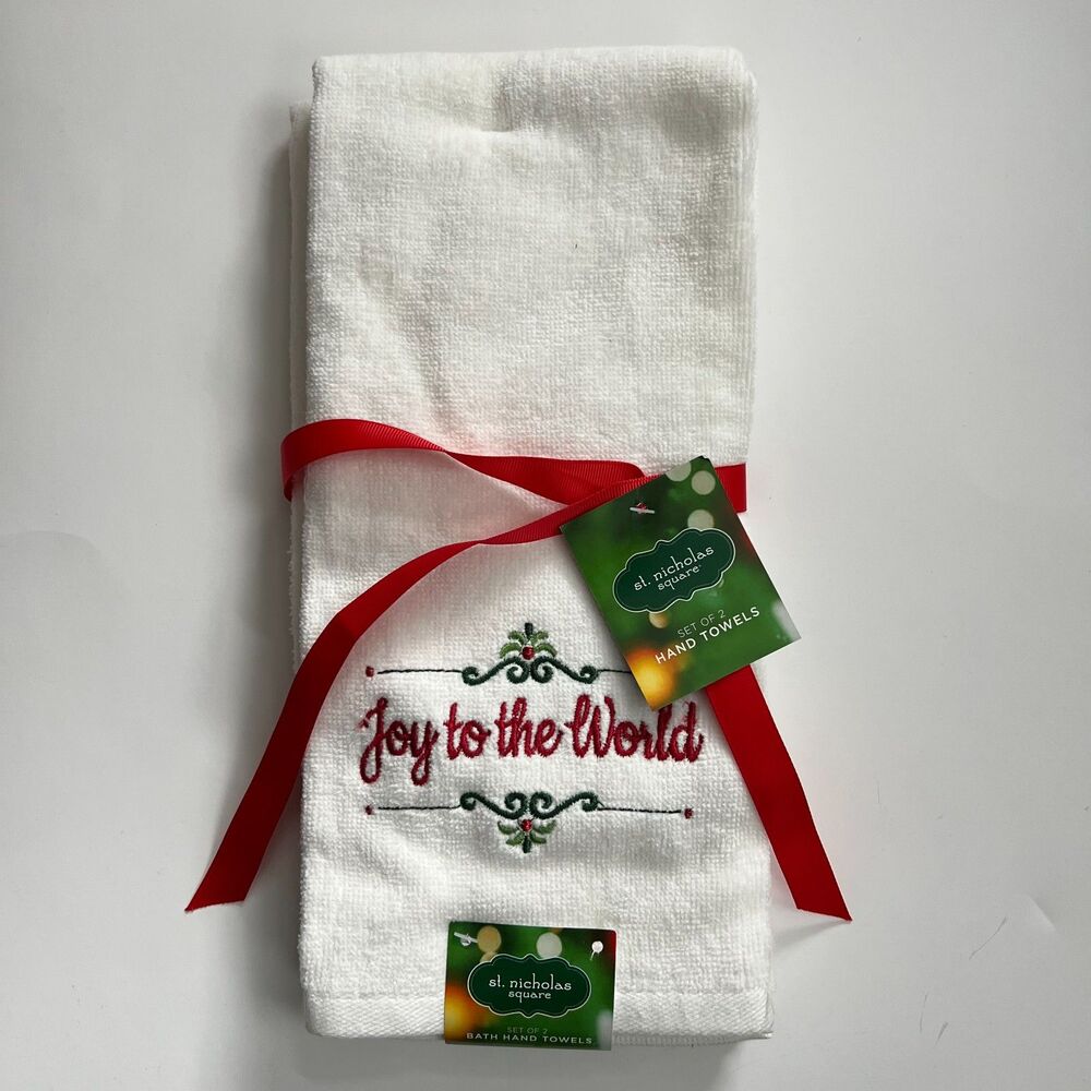 St. Nicholas Square Joy To The World Bath Hand Towel - White (Set of 2) NWT